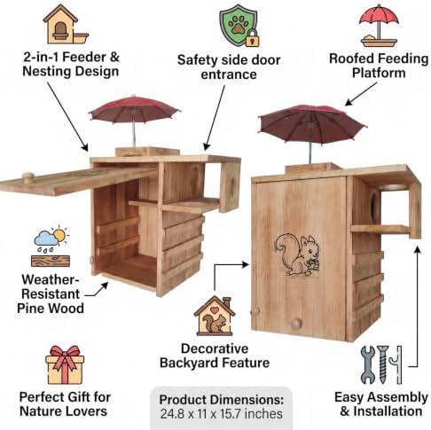 Large Wooden Squirrel House Outdoor，Nest Box with Feeder & Predator Guard