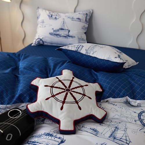 Simple&Opulence 100% Organic Cotton Duvet Cover for Kids Teens, 4 Pieces Soft Cartoon Comforter Cover with Zipper Closure, Boys Bedding Set - Sailboat,Full/Queen