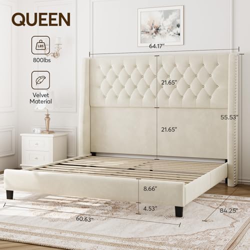 Queen Upholstered Bed Frame, 55.4'' Tall Headboard with Wingback