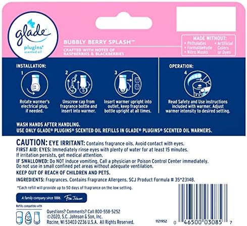 Glade PlugIns Refills Air Freshener, Scented and Essential Oils for Home and Bathroom, Bubbly Berry Splash, 3.35 Fl Oz, 5 Count