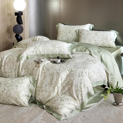 Lyocell Duvet Cover Set Queen with Green Floral Pattern,Silk-Like Smooth & Cool Comforter Cover Set with Corner Ties-Queen,Mint Green