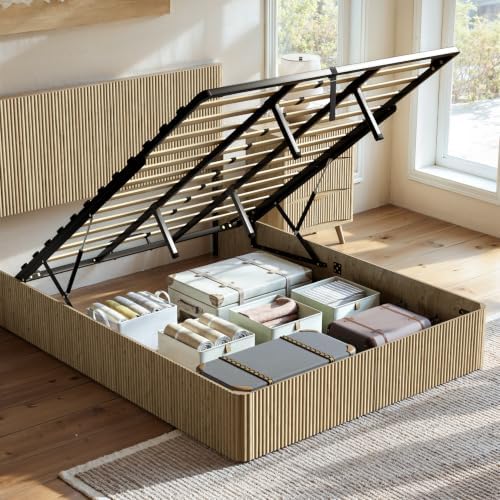 Evermagin Queen Bedroom Set, Storage Bed Frame & 3-Drawer Nightstands, Oak