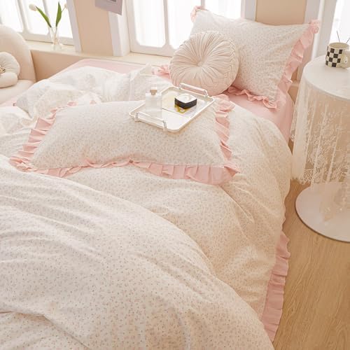 Pink Flower Duvet Cover Twin Chic Floral Print Ruffle Duvet Cover Cotton Lace Comforter Cover Country Style Floral Bedding Set Romantic Ruffle Comforter Cover Flower Bedding Cover with 2 Pillowcases