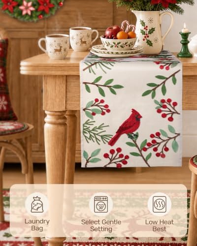 Miss Adola Embroidered Canvas 13"x72" Christmas Table Runner, Cardinal