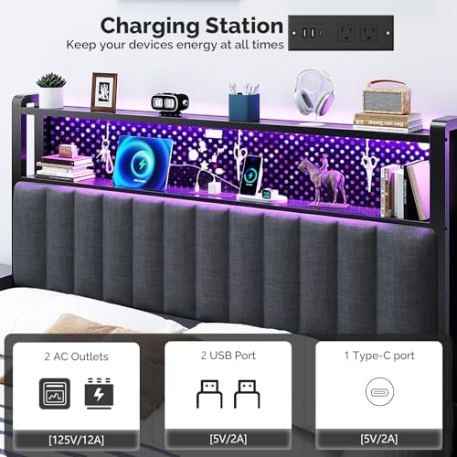 VINGLI Queen Size Headboard Only, Adjustable Upholstered Headboard with 2 Tier Shelves and Pegboard with Charging Stations and LED Lights, Modern Bed Headboard with Storage for Bedroom Decor