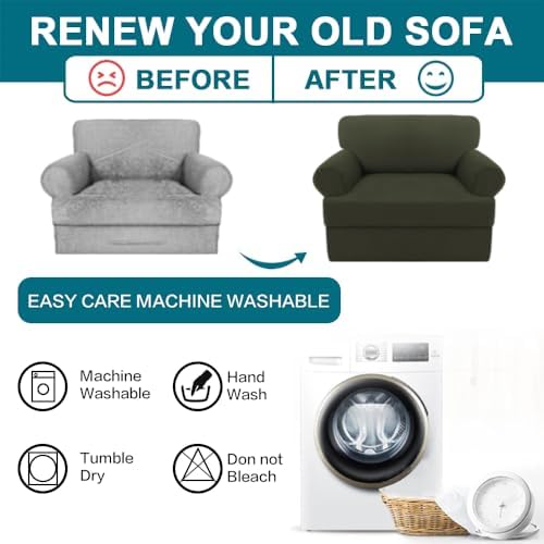 Turquoize T Cushion Chair Slipcover Armchair Slipcover for Living Room Stretch Sofa Couch Cover Soft Armchair Cover Washable Furniture Covers with Individual T Cushion Seat Covers (Chair, Olive)