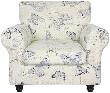 SearchI Stretch Sofa Cover Printed Couch Covers, Floral Pattern 2 Piece Armchair Slipcover with Separate Chair Cushion Cover, Washable Furniture Protector for Living Room(Chair, Butterfly Pattern)