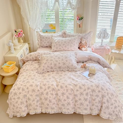 Garden Flower Duvet Cover Set Muslin Cotton Queen(90"x90"),Pink Blue