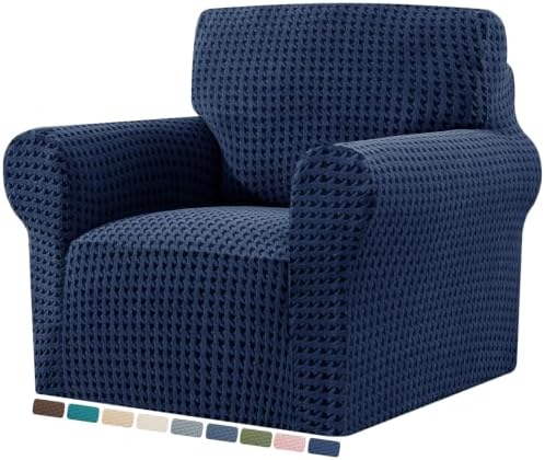 ZNSAYOTX 1 Piece Stretch Chair Slipcover with Arms (34"-44") New-Houndstooth Texture, Thick Armchair Covers for Living Room Universal Chair Slip Cover with Elastic Bottom & Buckle, Navy Blue