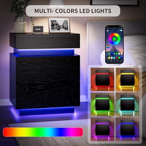 COWMOU LED Night Stand with Charging Station, Sliding Top Hide Storage, 2 Outlets and USB-A/C Ports Bed Side Tables Bedroom Set Black End Table for Living Room