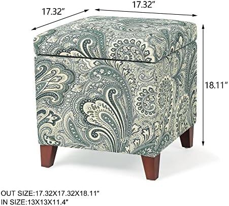 Adeco 18" Cube Storage Ottoman in Blue Paisley, Upholstered Linen Foot Stool & Accent Chair for Entryway, Vanity or Small Spaces