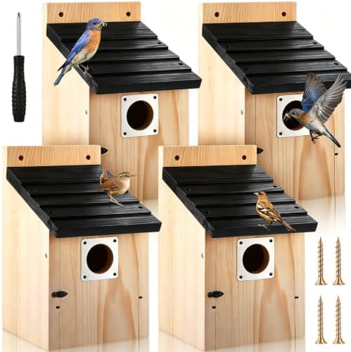 Dreyoo 4 Pack Bluebird Houses for Outside with Metal Predator Guard, 1-1/2" Entrance Hole Wooden Blue Bird Houses for Outdoors, Bluebird Nesting Box(Black Roof, Wood Body)