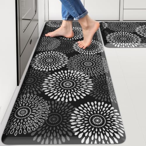 LuxStep Kitchen Mats for Floor,0.47 inch Thicker Cushioned Rug Anti-Fatigue Mats for Kitchen Decor Accessories,Waterproof Non-Slip Mats and Rugs Set for Office,Laundry 17.3"×29"+17.3"×47",Black