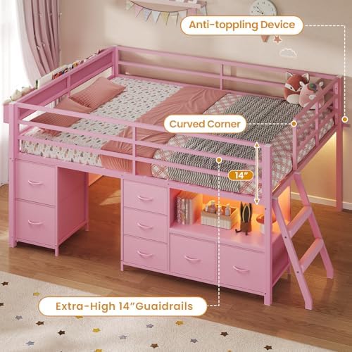 ADORNEVE Kids Low Loft Bed Full with 7 Drawers, Bookcase, Safety Guardrail