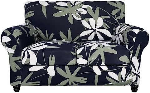 SearchI Stretch Sofa Cover Printed Couch Cover, Floral Pattern 3 Pieces Loveseat Slipcover with 2 Separate Cushion Cover, Washable Furniture Protector for Living Room(Loveseat, Navy Blue)