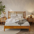 Bme Oliver 15-Inch Queen Bedframe with Rattan Headboard, Bohemian, Caramel
