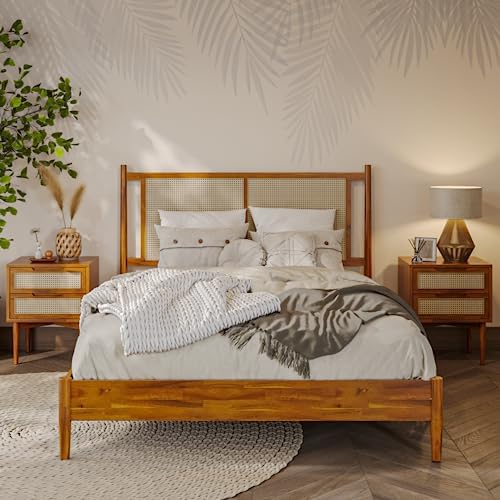 Bme Oliver 15-Inch Queen Bedframe with Rattan Headboard, Bohemian, Caramel