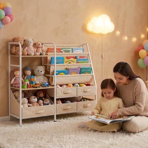 Kids Bookshelf and Toy Storage Organizer, 2-in-1 Montessori Bookshelf