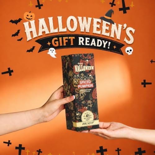 Airkeep Halloween Reed Diffuser Set,3.38 fl oz (100 ml) - Spiced Pumpkin Oil Diffusers with 8 Reed Sticks, Home Fragrance Reed Diffuser for Bathroom Shelf Decor