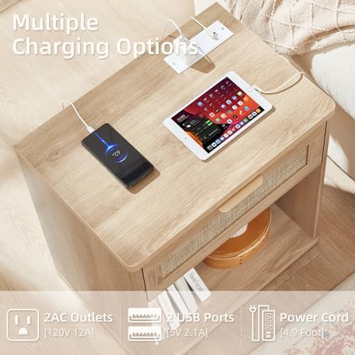LEYAOYAO Rattan 23" Nightstands Set of 2 with Charger for Bedroom