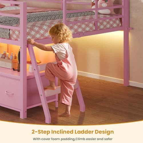 ADORNEVE Kids Low Loft Bed Full with 7 Drawers, Bookcase, Safety Guardrail