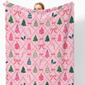 Coquette Pink Bow Christmas Throw Blanket for Couch, Preppy Christmas Decor, Pink Girly Xmas Tree Candy Cane Throw Blanket for Girls Bedroom Living Room Decoration, 50x60 Inches