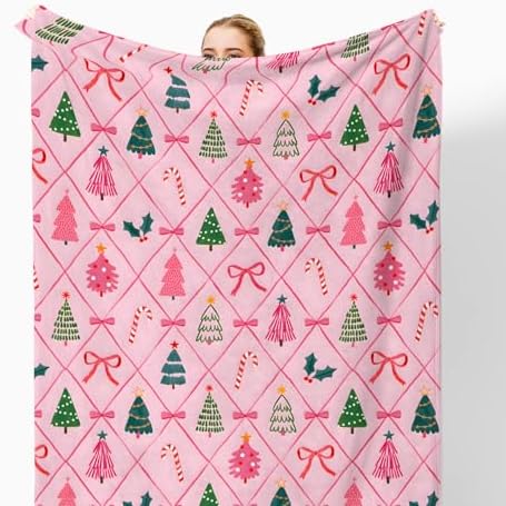 Coquette Pink Bow Christmas Throw Blanket for Couch, Preppy Christmas Decor, Pink Girly Xmas Tree Candy Cane Throw Blanket for Girls Bedroom Living Room Decoration, 50x60 Inches