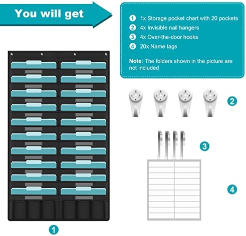 KIKIGOAL 20 Pockets Hanging Wall File Organizer, Heavy Duty Storage Pocket Chart With 20 Name Tag Pockets for File Folder and Paper, Space Saver for Office and Classroom