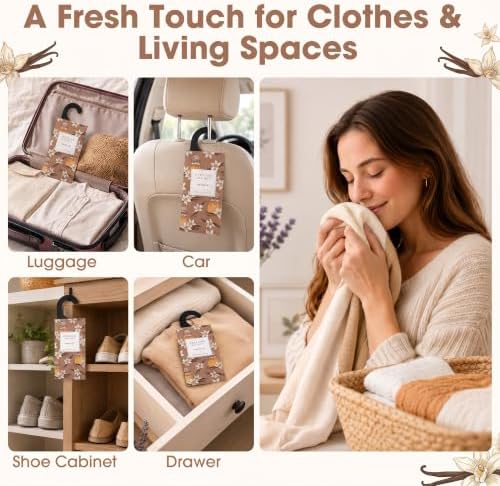 Large 12 Packs Vanilla Hanging Scented Sachets Long-Lasting Closet Deodorizer Air Freshener Fabric Refresher Odor Eliminator for Drawer Home Fragrance Gift Set
