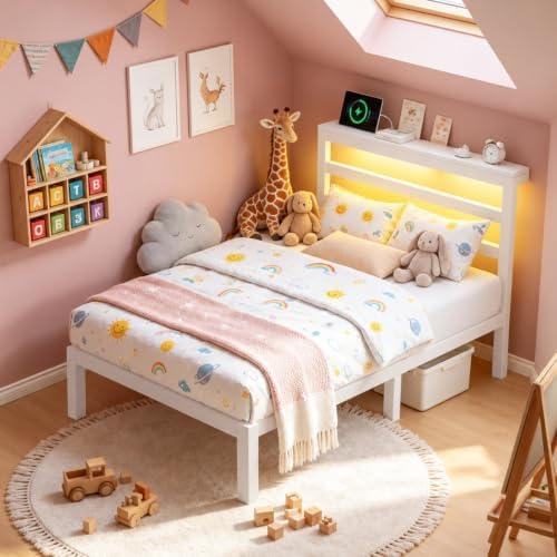 Twin Bed Frame with Charging Station and LED Lights Headboard,White