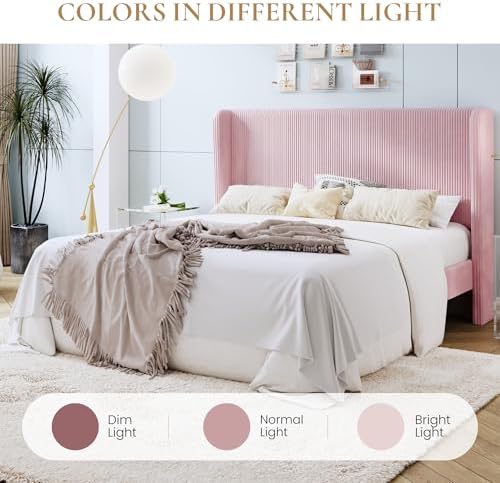 SHA CERLIN King Corduroy Platform Bed with Tufted Wingback Headboard, Pink