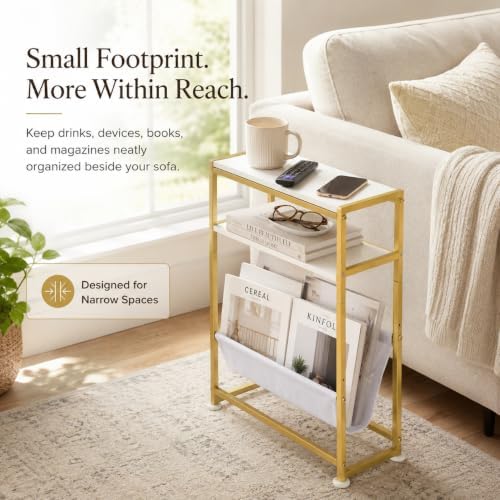 Narrow End Table for Small Spaces - Slim Side Table with Magazine Holder,2 in 1 Design Narrow Coffee Table Living Room,Skinny Bedroom Nightstand Thin Side Magazine Table (White+Gold)