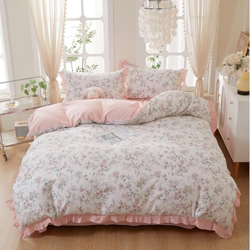 HighBuy Vintage Pink Floral Duvet Cover Queen Ruffle Lace Coquette Bedding Set French Country 100% Cotton Pink Striped Soft Breathable Farmhouse Bedding with Zipper Closure & 4 Corner Ties