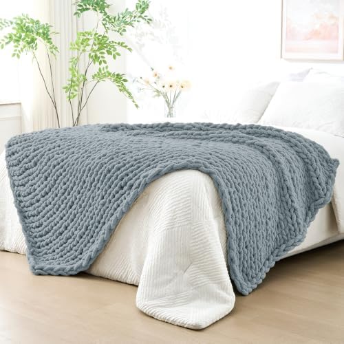 Bigacogo Chunky Knit Throw Blanket for Couch, 51x63 inches, Dusty Blue
