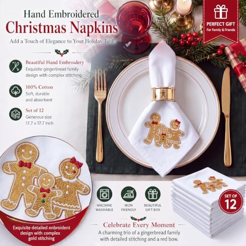 HunnmingRe 12 Pcs Gingerbread Christmas Cloth Napkins Set, 17x17 Inch
