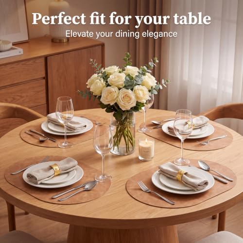 Oval Placemats Set of 12, Wipeable Faux Leather, Soft Apricot