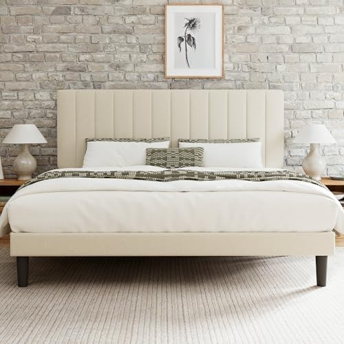 GOLDORO King Size Bed Frame with Adjustable Headboard, Linen Upholstered Platform Bed, Vertical Channel Tufted Design, Wooden Slat Support, No Box Spring Needed, Easy Assembly, Beige