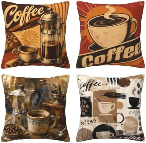 Coffee Print Decorative Throw Pillow Covers 18x18 Inch Set of 4