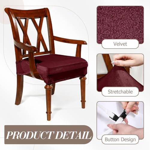 Havawish Extra Wide Dining Chair Seat Covers, Wine Red, Velvet, 6 Pcs