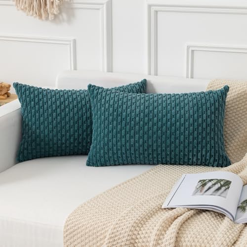 Kevin Textile Soft Corduroy 12"x20" Lumbar Pillow Covers 2 Pack, Teal Blue