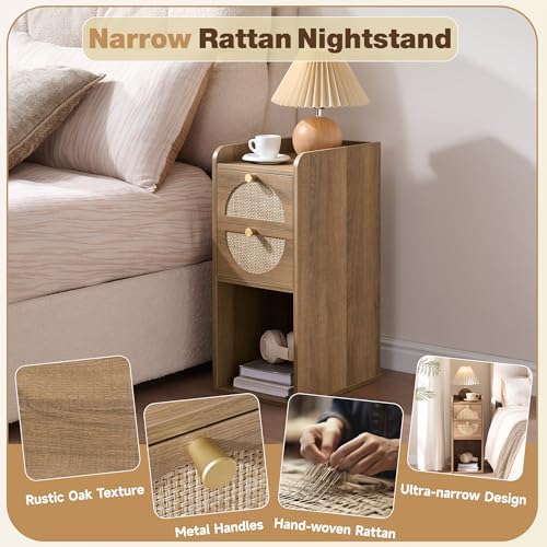 Narrow Nightstand Set of 2 (Rattan & Wood) - Small Bedside Table with 2 Drawers, Open Shelf, Mid Century Modern End Table - for Bedroom, Living Room & Small Spaces, Rustic Oak Rattan