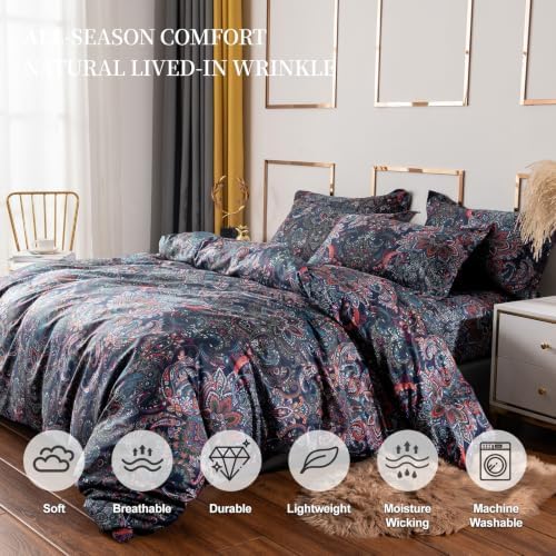 Retro Paisley Duvet Cover Queen Size Boho Damask Duvet Cover Sets 100% Brushed Cotton Bedding Set,1 Duvet Cover and 2 Pillow Shams for All Seasons-Stormy Blue