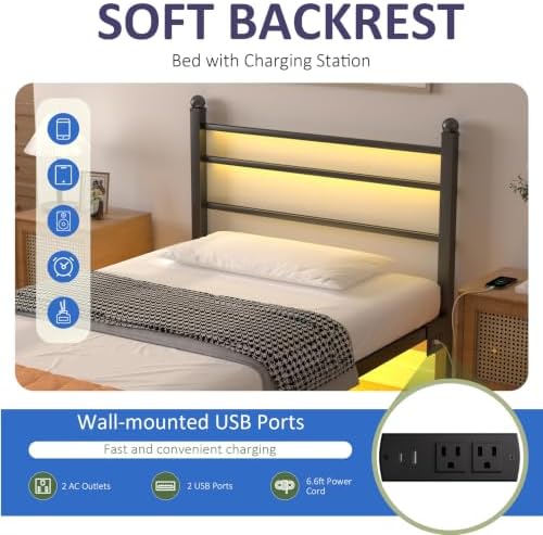 J.Fkne Twin Bed Frames with LED Lights & Charging Station, Platform Bed with Headboard, Heavy Duty Metal Slats Support, No Box Spring Needed, Noise Free, Easy Assembly