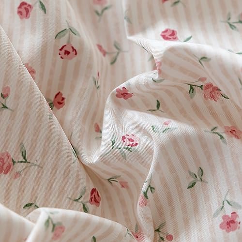 Floral Print Duvet Cover Full Size Cottage Pink Striped Bedding Set 3pcs