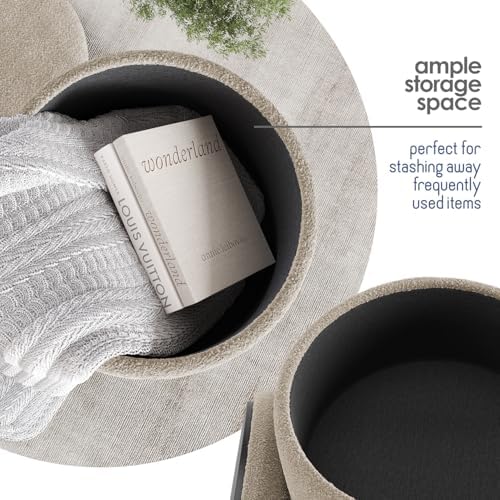 Round Ottoman with Storage, Boucle Storage Ottoman, Foot Stool Ottomans, Makeup Vanity Stool, Small Ottomans Foot Rest, Modern Vanity Stools for Living Room and Bedroom, Beige