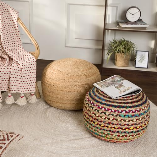 · REDEARTH · Braided Jute Cotton Pouf - Circular Boho Ottoman - Multi