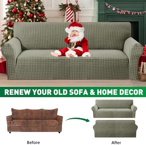 MAXIJIN Stretch Extra Large Couch Cover Sofa Covers (91"-110" Oversized Sofa Slipcovers with Non-Slip Foam & Elastic Strap, Dog Cat Pet Friendly Furniture Protector (X-Large, Army Green)