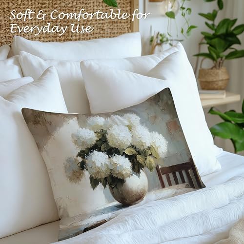 Vintage White Hydrangeas Floral Pillow Cover 12x20, Hydrangea Decor, Cottagecore Neutral Farmhouse White Flower Still Life Decorative Lumbar Pillow Cover for Couch Bed Living Room Bedroom