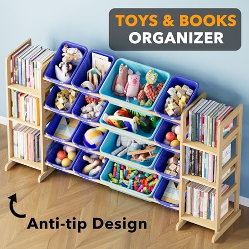 SpaceAid Toy Storage Organizer With 6 Shelves And 16 Bins, Modern Style Toy Organizers Storage Bookshelf For Kids Bedroom Playroom Organization Room Decor, Blue And Navy Blue