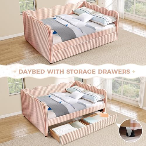 Full Size Daybed with Storage Drawers, Linen Gingham Daybed with USB Ports & Wave Shaped, Upholstered Day Bed Frame, Modern Sofa Bed for Living Room/Bedroom/Guest Room, No Box Spring Needed, Pink
